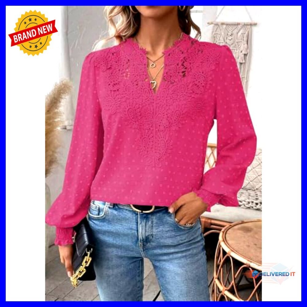 Swiss Dot Chiffon Blouse V Neck Long Sleeve Boho Lace Hem Flowy Casual - Picture 2 of 7